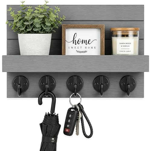 Key Holder for Wall, Decorative Key and Mail Holder, Key Holder Wall Mount with Shelf and Large Hooks, Easy Installation Key Rack for Entryway and Home Decor - color: Gray