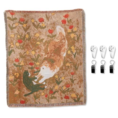 LumiSyne Woven Tapestry Throw Blanket With Hangers And Clips Cute Pet Pattern Cotton Throw With Tassel Decorative Throws For Sofa Bed Armchair Multi-Function Picnic Blanket Tablecloth Carpet 160x130cm - color: Playing in the Garden