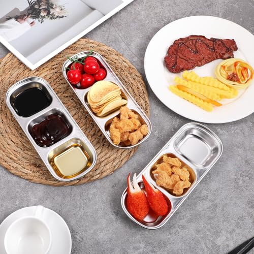 12 Packs Stainless Steel Divided Dip Bowls Soy Sauce Dishes, Divided Serving Tray Chip and Dip Serving Set, 3 Compartment Sauce Plate Seasoning Dipping Condiment Tray for BBQ Vinegar Spice Sugar