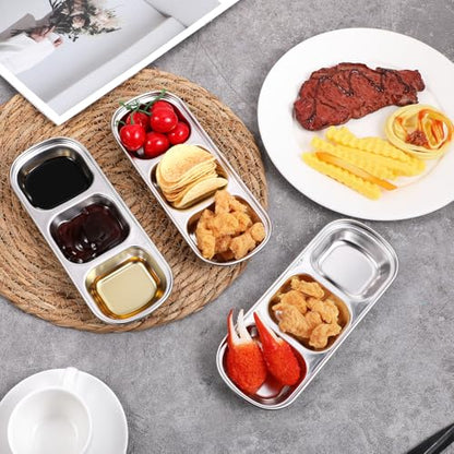 12 Packs Stainless Steel Divided Dip Bowls Soy Sauce Dishes, Divided Serving Tray Chip and Dip Serving Set, 3 Compartment Sauce Plate Seasoning Dipping Condiment Tray for BBQ Vinegar Spice Sugar