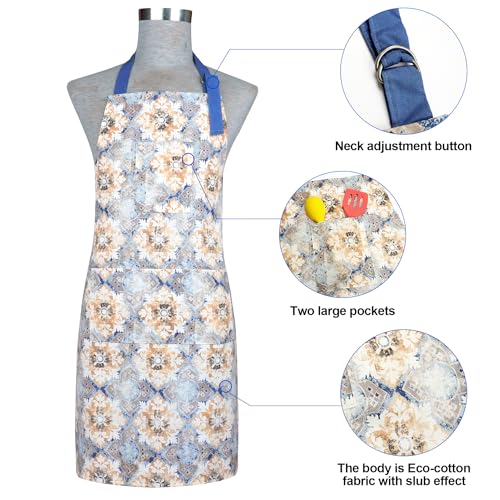 Oven Mitts and Pot Holders with Cooking Apron Set of 5, Heat Resistant Kitchen Gloves and Silicone Non-Slip Potholders, Adjustable Neck Buckle Chef Apron, Cotton Nice Design for Cooking (Blue Retro) - color: Blue Retro