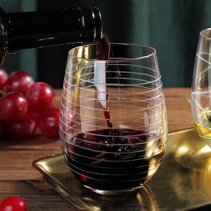 Joeyan Hand Blown Etched Stemless Wine Glasses with Dots Strips Pattern for Red Wine,Large Carved Drinking Glass Cups Tumblers for Wedding Anniversary Party Home,Set of 4,17.5 oz - color: Etched Dots Swirls Strips Patterned