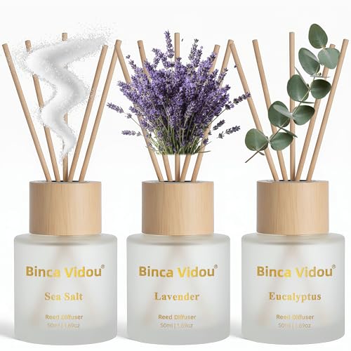 Reed Diffuser Set of 3, Binca Vidou Lavender, Eucalyptus & Sea Salt Natural Scent Oil Diffusers with Sticks for Home Office Bathroom Aromatherapy Decor 1.69oz x 3