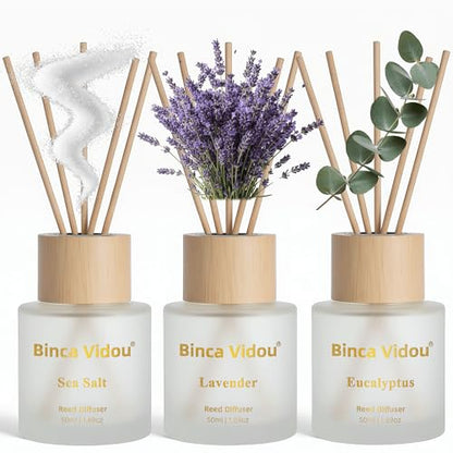 Reed Diffuser Set of 3, Binca Vidou Lavender, Eucalyptus & Sea Salt Natural Scent Oil Diffusers with Sticks for Home Office Bathroom Aromatherapy Decor 1.69oz x 3