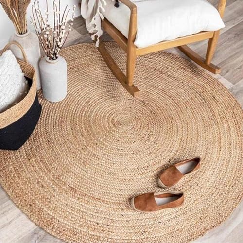 Jute Braided Area Rug, 5 feet Round, Stain Resistance Natural Handmade Circle Boho Area Rug for Entryways, Living Room, Bedroom, Farmhouse Vintage Decor, Reversible Jute Rug - size: 5 Feet (Round Solid)