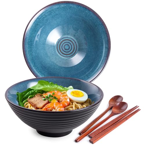 Ceramic Japanese Ramen Bowl Set, 2 Sets Asian Pho Udon Soup Noodle Bowls with Spoons and Chopsticks (Starry Blue, 8 inches) - color: Starry Blue