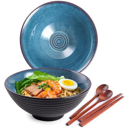 Ceramic Japanese Ramen Bowl Set, 2 Sets Asian Pho Udon Soup Noodle Bowls with Spoons and Chopsticks (Starry Blue, 8 inches) - color: Starry Blue
