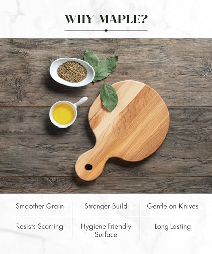 Labell Canadian Maple Wood Cutting Board with Handle, 7 x 10 x 0.75 in | Multi-Purpose Charcuterie Board, Flat Paddle, for Meat, Cheese, Veggies, Serving - size: Medium (7" x 10")