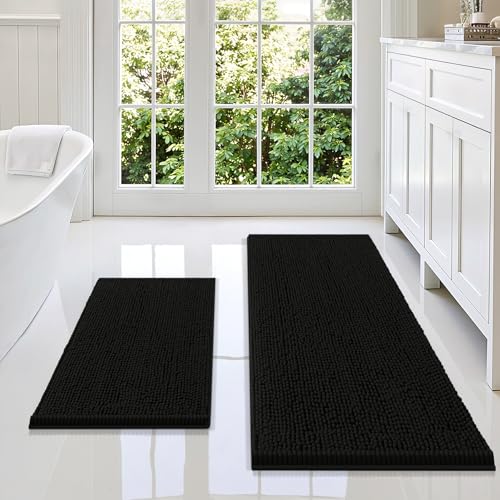 Smiry Chenille Bathroom Rugs Sets 2 Piece (47x17+24x16, Black) | Soft Absorbent Machine Washable Non Slip Shaggy Bath Rug Set for Tub, Shower, and Floor, Home Decor - color: Black, size: 47"X17"+24"X16"
