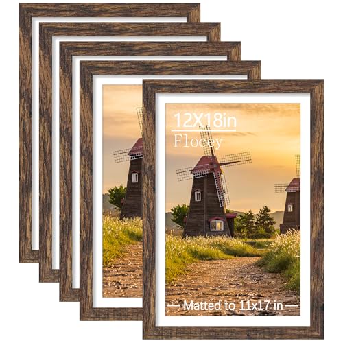 12x18 Picture Frame Set of 5, Rustic Brown Poster Frame, Display Pictures 11 x 17 with Mat or 12 x 18 Without Mat for Horizontal or Vertical Wall Mounting, Wall Gallery Frame - color: Rustic Brown, size: 12x18-5PACK