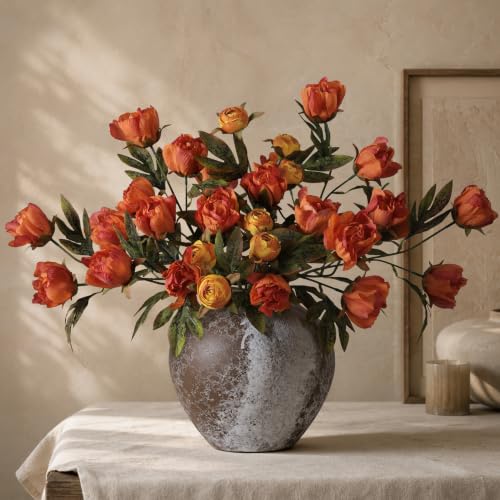 8 Pcs Artificial Peony Flowers, Faux Silk Peonies Stems with Distressed Leaves, Fade Resistant Floral Branches for Vase, DIY Bouquet, Home Decor Indoor Outdoor Wedding Table Centerpiece(Orange Yellow) - color: Orange Yellow