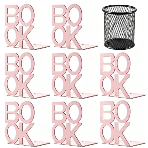 Book Ends Pink 4 Pair Metal BookEnds for Bookrack Desk,Books | Non-Skid Metal Book End Stopper for Books/CDs/DVDs - color: Pink, size: 4 pair