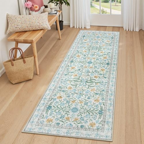 Lahome Light Blue Runner Rug 2x6, Boho Floral Runners for Kitchen Floor | Machine Washable Soft Thin Indoor Throw Carpet Runners for Hallway Bathroom Laundry 6ft, Blue - color: Baby Blue, size: 2' x 6' (Runner)