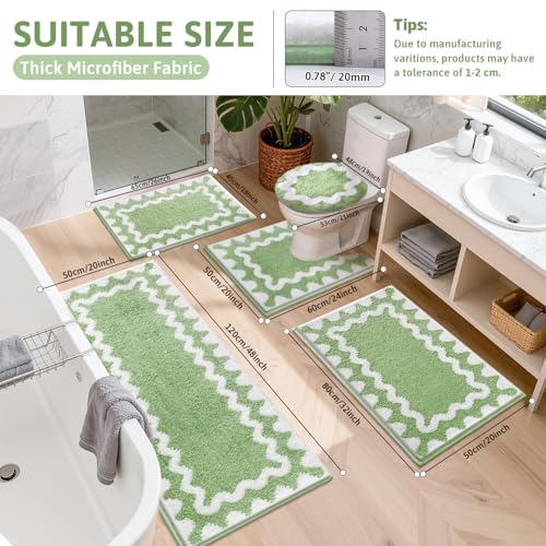 Findosom Bathroom Rugs Sets 5 Piece, Absorbent Soft Non-Slip Bath Rug Set | Washable Microfiber Shaggy Bath Mat Set with Bathroom Runner Rug, U-Shaped Toilet Rugs, Shower Rug & Toilet Lid Cover, Green - color: Green & White, size: 18"x26"+20"x32"+20"x48"+