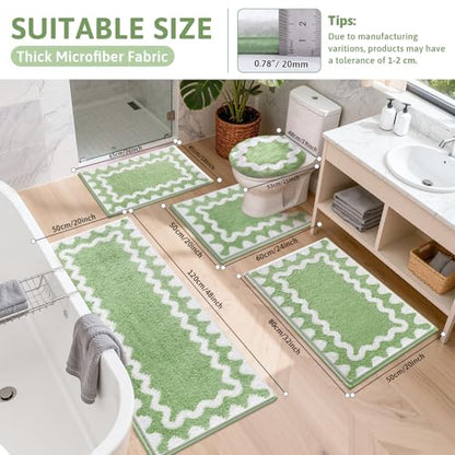 Findosom Bathroom Rugs Sets 5 Piece, Absorbent Soft Non-Slip Bath Rug Set | Washable Microfiber Shaggy Bath Mat Set with Bathroom Runner Rug, U-Shaped Toilet Rugs, Shower Rug & Toilet Lid Cover, Green - color: Green & White, size: 18"x26"+20"x32"+20"x48"+