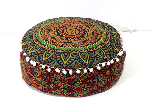 CRAFT KALA Large Hippie Mandala Meditation Floor Ottoman Pillow Cushion Pouf Cover Square Poufs Bohemian Circle Floor Cushion Case Outdoor Fireplace Yoga Living Room Decor Cover New Blue, 16" Round - color: New Blue, size: 16"D x 16"W x 5"H