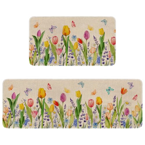 Tulip Floral Kitchen Rugs Set of 2, Spring Kitchen Mats for Floor, Non-Slip Washable Summer Mats Home Decor Doormat Runner Rug - color: Watercolor Tulip