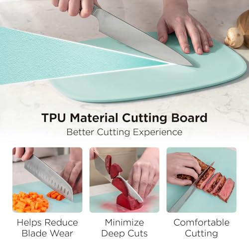 Kitchen Mama DuoEssentials TPU Cutting Board Set, 2 Sizes, Teal | Knife Friendly, Non Slip, Dishwasher Safe, Flexible with Juice Groove, Odor Resistant - color: Teal