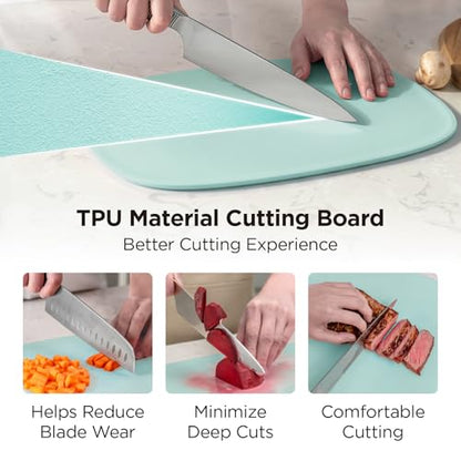 Kitchen Mama DuoEssentials TPU Cutting Board Set, 2 Sizes, Teal | Knife Friendly, Non Slip, Dishwasher Safe, Flexible with Juice Groove, Odor Resistant - color: Teal