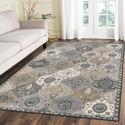 Lahome Moroccan Washable Area Rug, 5x7 Rugs for Living Room Indoor Non-Slip | Trellis Large Oriental Accent Throw Carpet for Bedroom Entryway Bathroom Office Elise, Grey - color: Dusty Grey Beige, size: 5' X 7' (Rectangular)