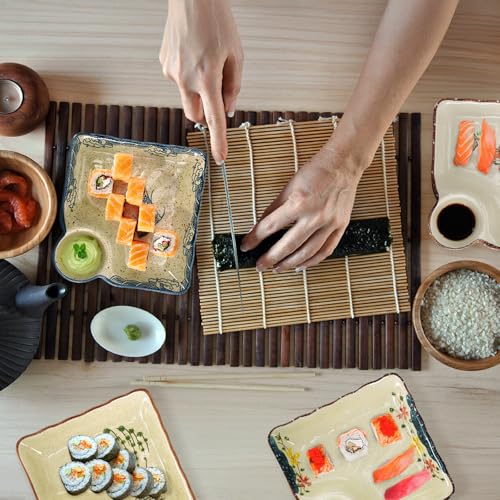 4 Pack Ceramic Dumpling Plate with Dipping Saucer, 7.3 Inch Japanese Sushi Platter, Chip and Dip Plate, Divided Snack Serving Dish for Appetizer, Charcuterie, Dessert, Salad, Entertainment