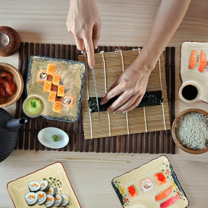 4 Pack Ceramic Dumpling Plate with Dipping Saucer, 7.3 Inch Japanese Sushi Platter, Chip and Dip Plate, Divided Snack Serving Dish for Appetizer, Charcuterie, Dessert, Salad, Entertainment