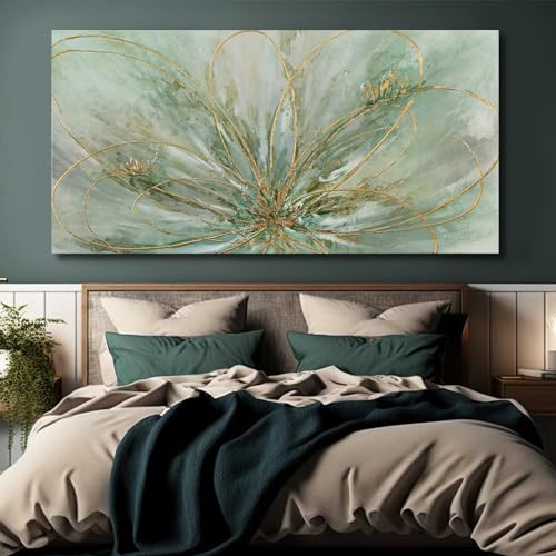 YJYart Abstract Wall Art Green and Gold Hand Painted Oil Painting Blossom Botanical Large Picture for Living Room Bedroom Kitchen Office 30x60 Inch - color: Green, size: 58"L x 29"W