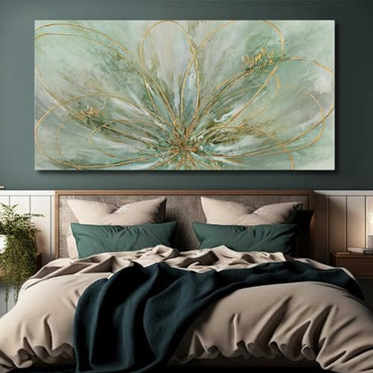 YJYart Abstract Wall Art Green and Gold Hand Painted Oil Painting Blossom Botanical Large Picture for Living Room Bedroom Kitchen Office 30x60 Inch - color: Green, size: 58"L x 29"W