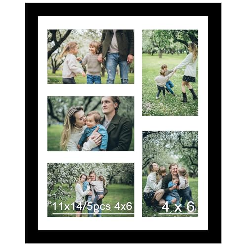 JCJMY 4x6 Collage Picture Frame, Display 5 Pcs 4x6 Photos with Mat or 11x14 Picture without Mat, Five Opening 4x6 Collage Frame for Wall Hanging, Lightweight 4 x 6 Multi Pictures Frame, Black - color: Black