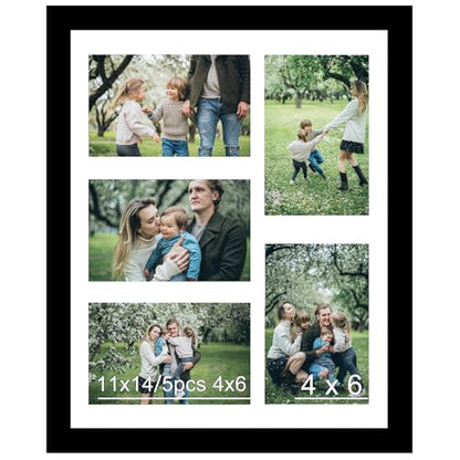 JCJMY 4x6 Collage Picture Frame, Display 5 Pcs 4x6 Photos with Mat or 11x14 Picture without Mat, Five Opening 4x6 Collage Frame for Wall Hanging, Lightweight 4 x 6 Multi Pictures Frame, Black - color: Black