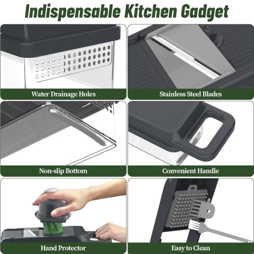 12-in-1 Vegetable Chopper 7 Blades, Veggie Cutter with Handle, Grey | Stainless Steel Blades, Food Container and Lid, Dicer, Slicer, Julienne, Egg Separator, Non-slip Base, Include Cleaning Tools - color: Gray, size: 7 blades
