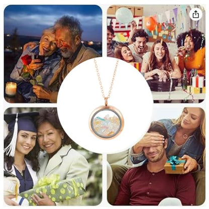 4pcs Photo Locket Charms Necklace Round Stainless Steel Locket Pendants Crystal Double-Sided Picture Frame Memory Locket Charm with 17.7inch Chain for Wedding Jewellery Making Photo - color: Rose Gold