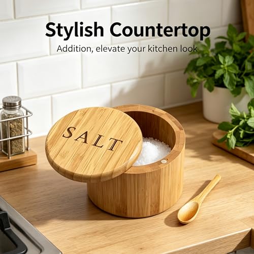 Bamboo Salt Box with Spoon, Magnetic Swivel Lid, 6oz Salt Cellar | Premium bamboo, 6oz capacity, includes spoon, magnetic swivel lid, perfect for countertop salt, spices and seasoning.