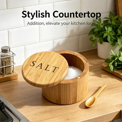 Bamboo Salt Box with Spoon, Magnetic Swivel Lid, 6oz Salt Cellar | Premium bamboo, 6oz capacity, includes spoon, magnetic swivel lid, perfect for countertop salt, spices and seasoning.