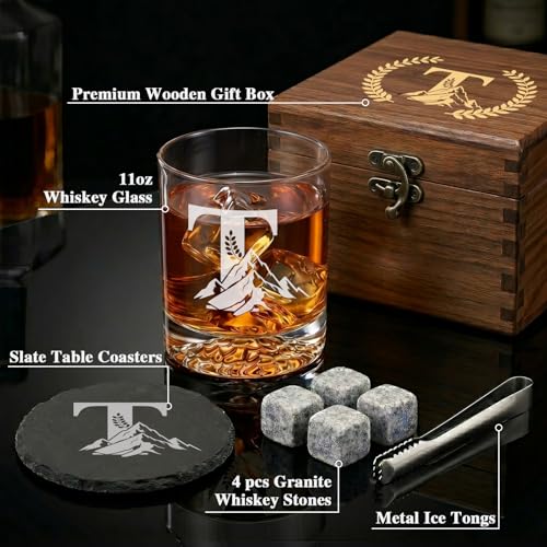 Personalized Whiskey Glass Gift Set for Men – Monogrammed Initial Rocks Glass with Slate Coaster, Wooden Box & Whiskey Stones, Birthday Father's Day for Him Dad Husband (T) - style: T