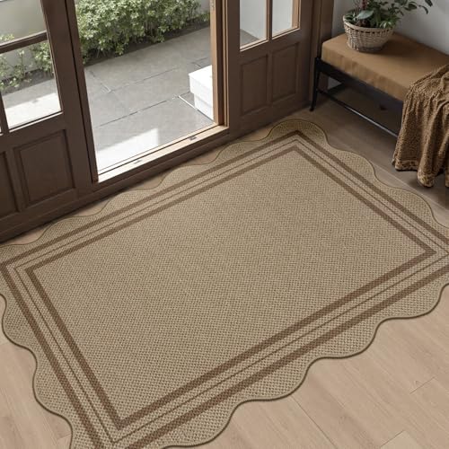 Easy Jute Front Door Mat, 2.6x4 Washable Entryway Rug Non Slip Small Kitchen Rug, Farmhouse Low Pile Floor Scalloped Rugs for Bathroom Porch Doorway - color: Brown Geometric, size: 2.6'x4' (Rectangular)
