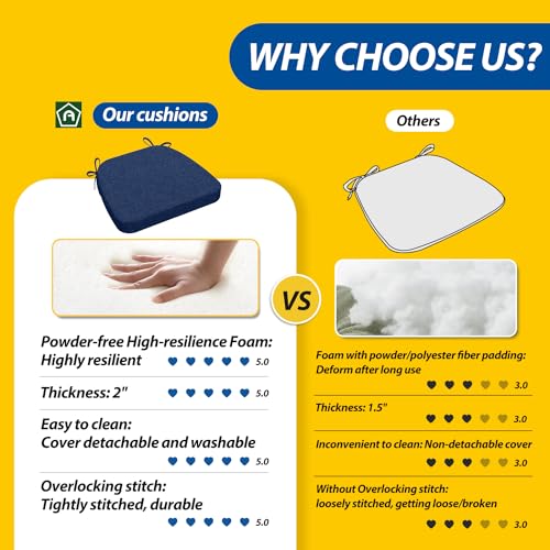 AAAAAcessories D-Shaped Chair Cushions, 2" Thick Dining Chair Pads with Ties and Removable, Machine-Washable Cover, 17" x 16", Set of 8, Blue - color: Blue, size: 8 Count(Pack of 1)