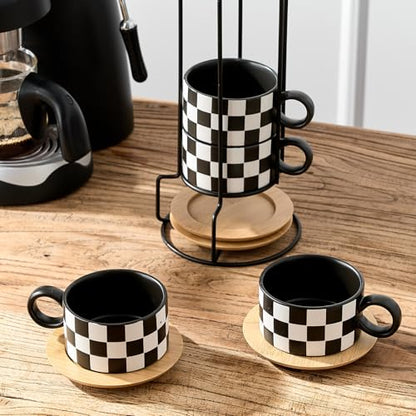 LUKA 6 Ounce Ceramic Stackable Black and White Checkered Espresso Cups with Saucers and Metal Stand Set of 4, Cappuccino Cups Set for Coffee Drinks, Latte, Cafe Mocha and Tea, Black Interior - color: 4BKG-Black & White