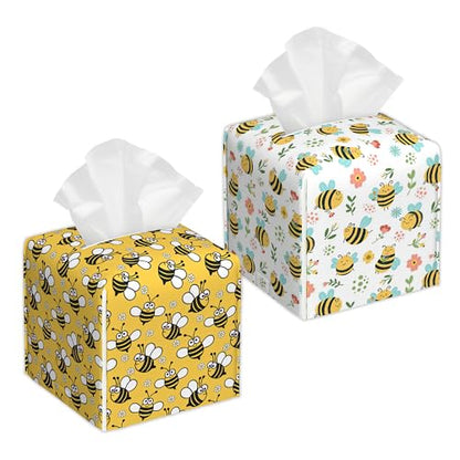 Bee 2 Pcs Tissue Box Cover Square, Cute Cartoon Bees Tissue Box Holder Waterproof Leather Facial Paper Organizer Dispenser for Bathroom Home Car Nightstand - color: Cartoon Bees