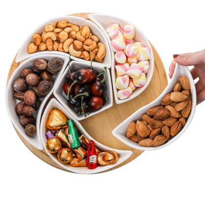 Cididu Ceramic Serving Tray Platters Lazy Susan, Rotating Divided Serving Set with 6 Removable Compartment, 11'' Appetizer Relish Dish, Snack Bowl Set for Christmas, Thanksgiving, Party, Kitchen