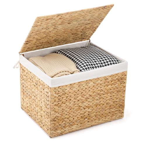Water Hyacinth Storage Basket with Lid, 31.7 Gallon (120L) Wicker Shelf Basket with Removable Liner, Wicker Storage Basket for Blanket, for Livingroom, Bedroom, Natural - size: 23.62"L x 17.72"W x 17.72"H