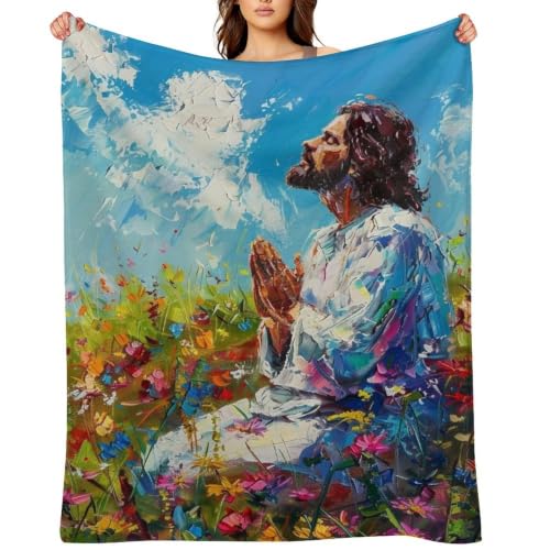 Jesus in Wildflower Field 02 Flannel Blankets Fleece Soft Throw Lightweight Plush Gifts for Couch, Bed, Cozy Sofa Plush, Chair, Lovers 30x40in（75x100cm） - color: Style-11, size: 30x40in（75x100cm）