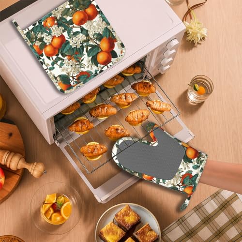 Oranges Leaves Oven Mitts and Pot Holders Sets White Flowers Silicone Heat Resistant Kitchen Oven Gloves Pot Holder for Cooking Baking Grilling BBQ - color: Oranges Leaves