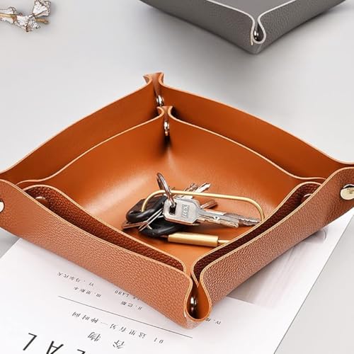 2 pcs Key Tray Jewelry Tray Leather Valet Tray for entryway Table Leather Desk Organizer Catch All Trays Candy Holder Sundries Tray Desk Catchall Travel Dish Plate (Brown) - color: Brown