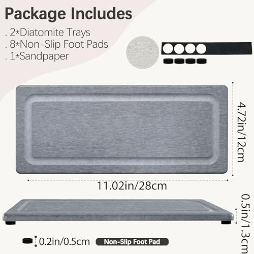 2 PCS Water Absorbing Stone Trays for Bathroom Sink Fast Drying Coasters | 11" x 4.7", Vanity Tray, Diatomaceous Earth Mat, Hand Soap Holder with Anti-Skid Feet, Kitchen Counter, Sink Caddy Organizer - color: 11" X 4.7" Gray