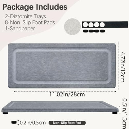 2 PCS Water Absorbing Stone Trays for Bathroom Sink Fast Drying Coasters | 11" x 4.7", Vanity Tray, Diatomaceous Earth Mat, Hand Soap Holder with Anti-Skid Feet, Kitchen Counter, Sink Caddy Organizer - color: 11" X 4.7" Gray
