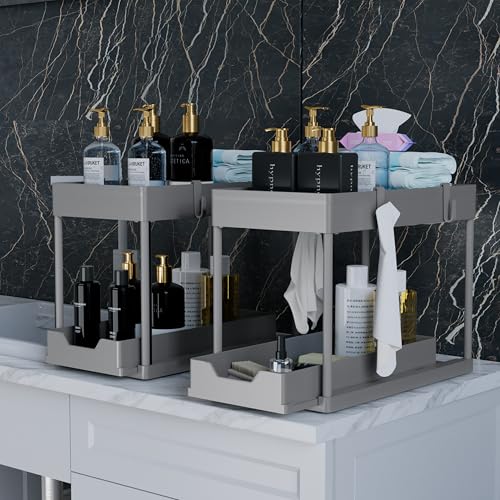 DEKAVA 2 Pack Under Sink Organizer, 2-Tier Sliding Cabinet Basket, Grey - color: Grey