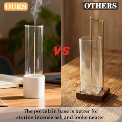 CEREMONY Incense Holder, Ceramic Incense Holder for Sticks with Glass Ash Catcher, Anti-ash Incense Burner with 20 Incense Sticks and a Ash Brush for Meditation Yoga Spa Room Decor