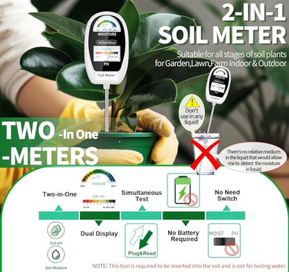 Soil Test Kit, 2-in-1 Soil Moisture Meter, Soil pH Meter -Dual Dial-Simultaneously-Display Results-Soil pH Tester, Moisture Meter for Garden,Lawn,Farm Indoor&Outdoor Plants-PureWhite - color: Basicwhite