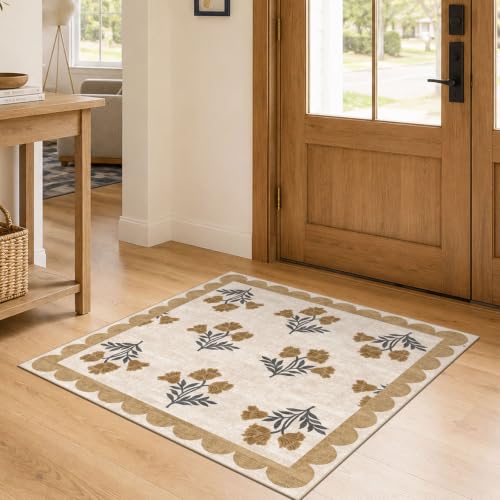3x3 Square Entryway Rug - Front Door Mat Indoor Outside Entrance | Non-Slip Washable Small Porch Rug Beige Boho Floral Scalloped Rugs for Entryway Kitchen Bedroom Office Front Porch Decor - color: Flower - Beige, size: 3' x 3' (Square)
